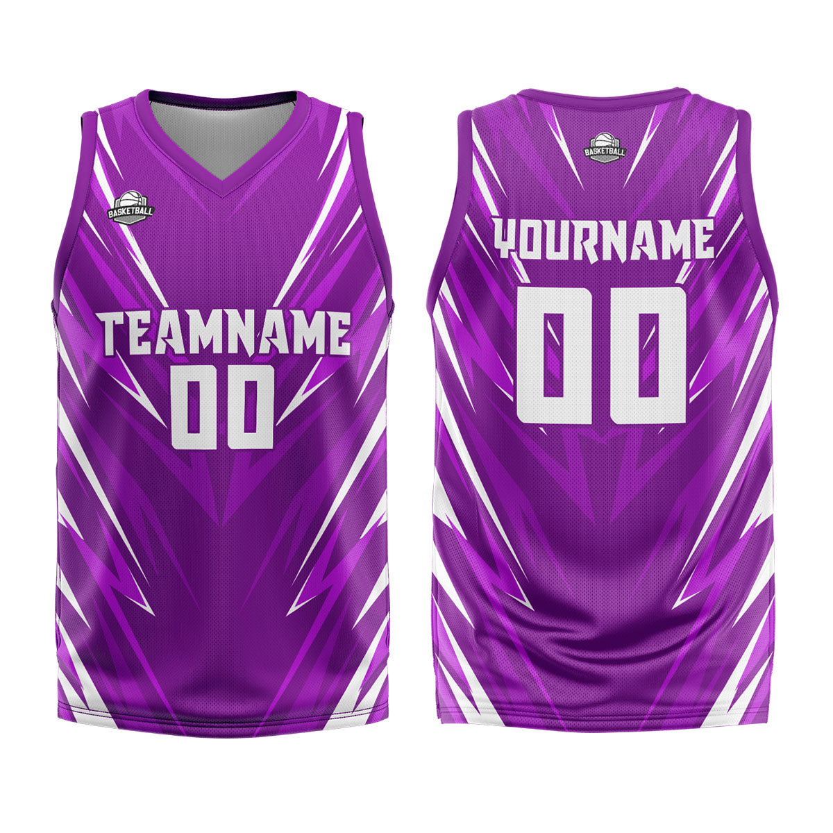Uniforme de baloncesto personalizado con triángulo morado y estampado de tu logotipo-nombre y número