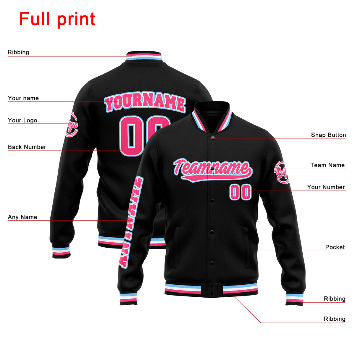 Chaqueta universitaria personalizada estilo Letterman para hombres-mujeres y jóvenes-color negro y rosa