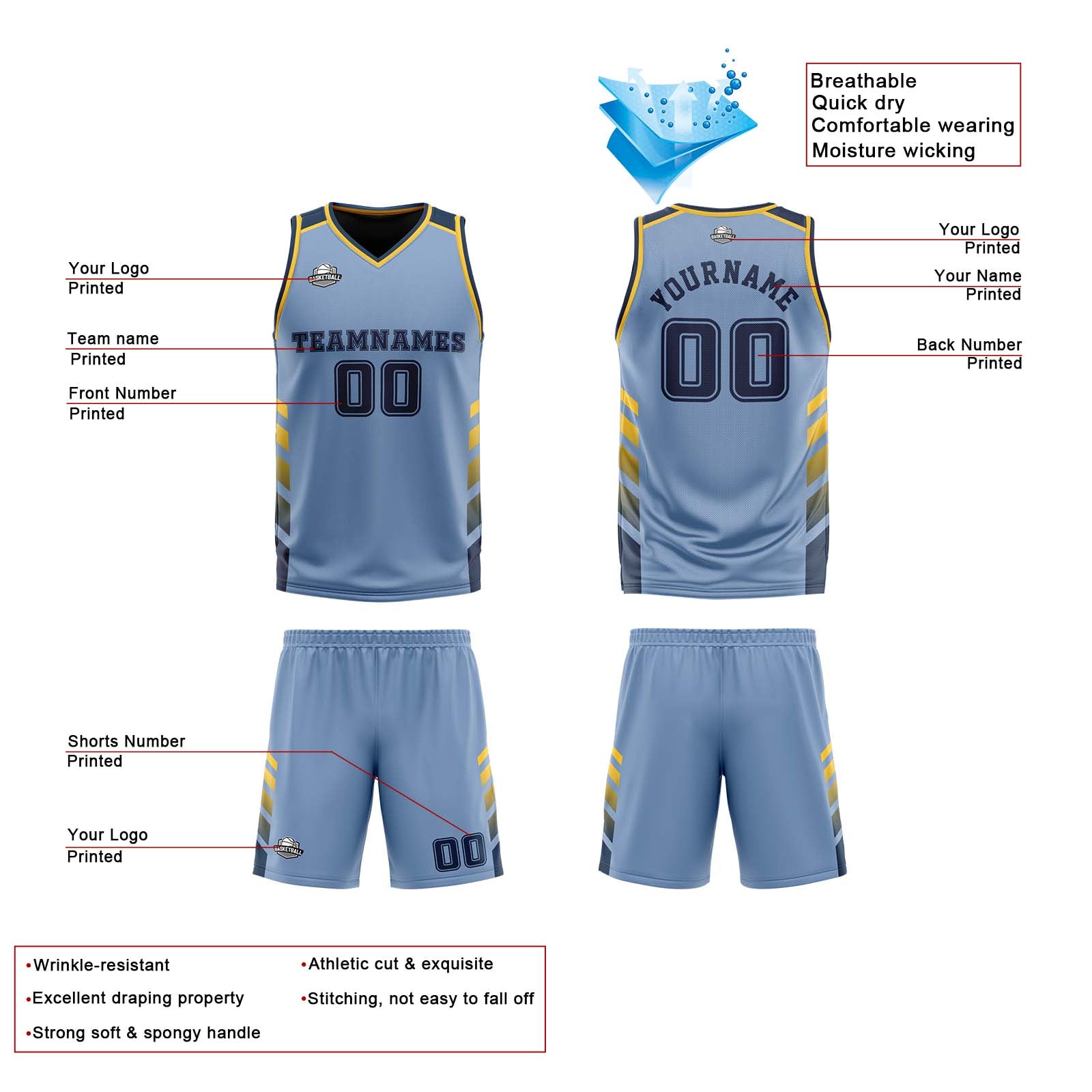 Traje de baloncesto reversible personalizado azul claro-azul marino y amarillo para adultos y niños