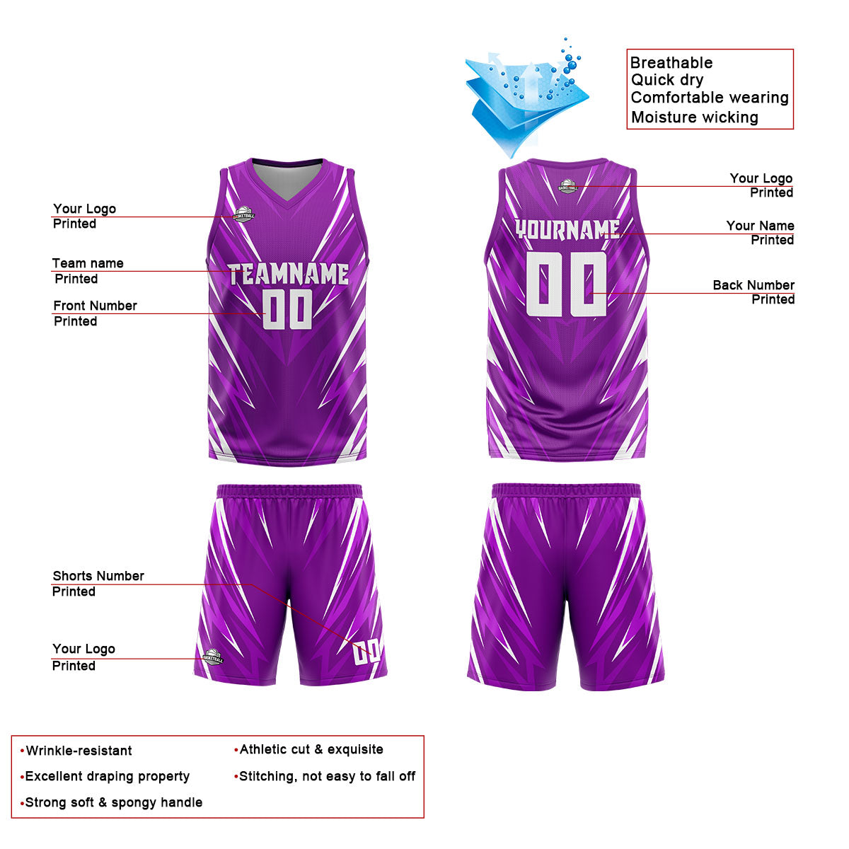 Uniforme de baloncesto personalizado con triángulo morado y estampado de tu logotipo-nombre y número