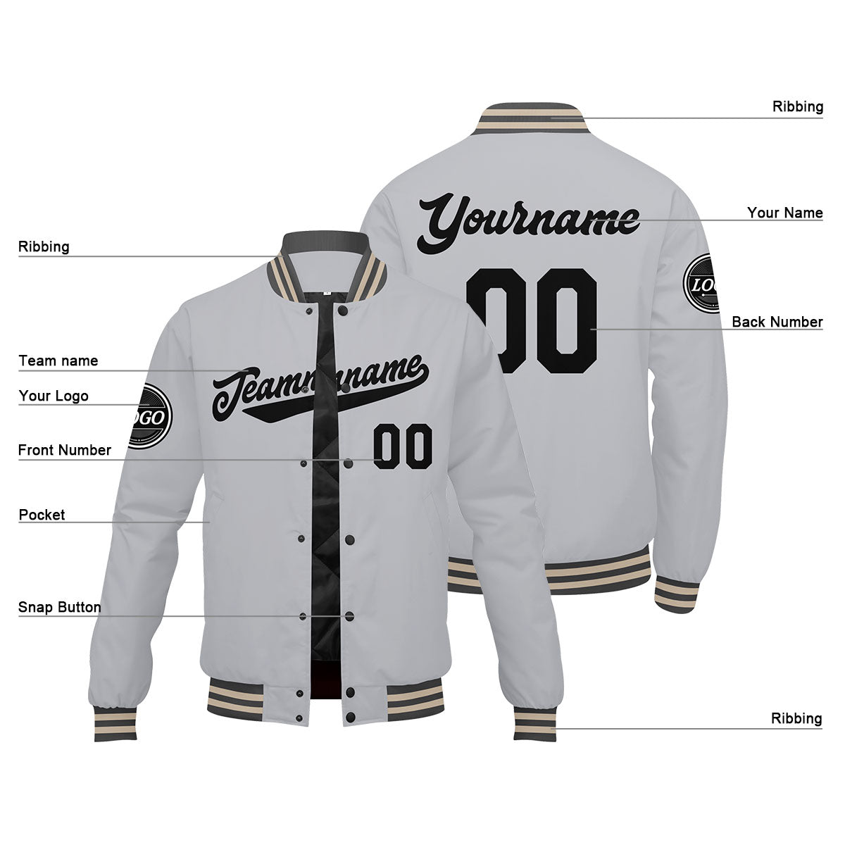 Chaqueta universitaria personalizada estilo Letterman para hombres-mujeres y jóvenes-color gris y negro