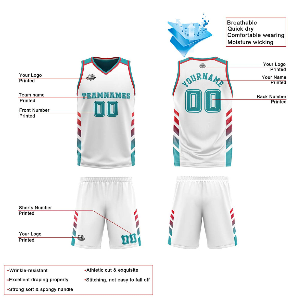Traje de baloncesto reversible personalizado blanco-turquesa y rojo para adultos y niños