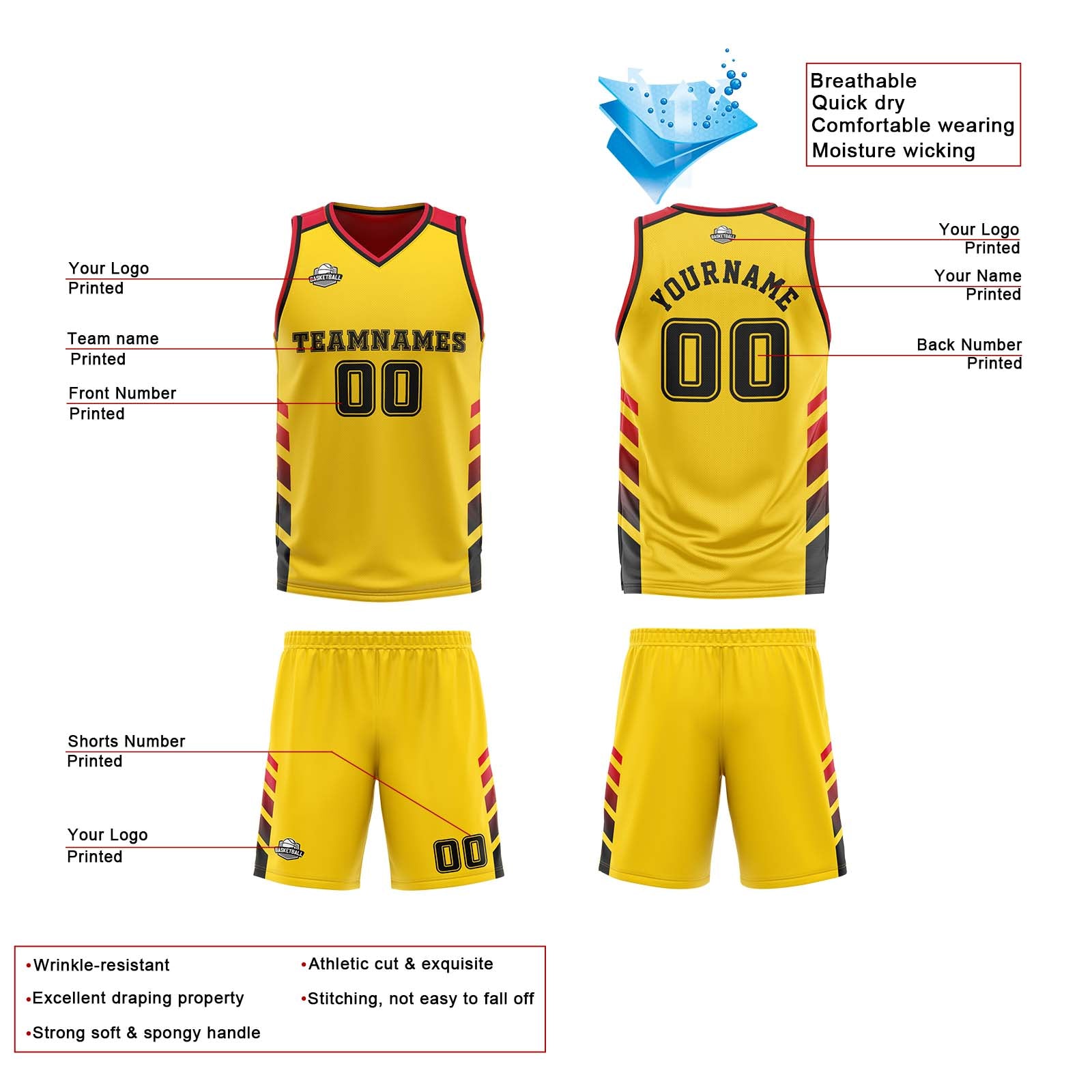 Traje de baloncesto reversible personalizado amarillo-rojo y negro para adultos y niños