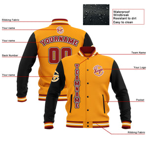 Chaquetas universitarias impermeables personalizadas en negro-amarillo y rojo con nombre-número y logotipo bordados