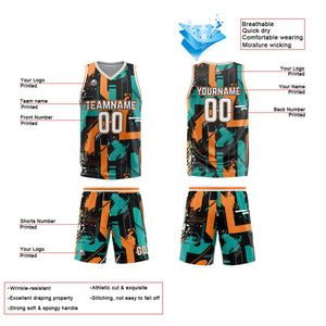 Uniforme de baloncesto personalizado Geometría Aqua Naranja con tu logotipo-nombre y número impresos
