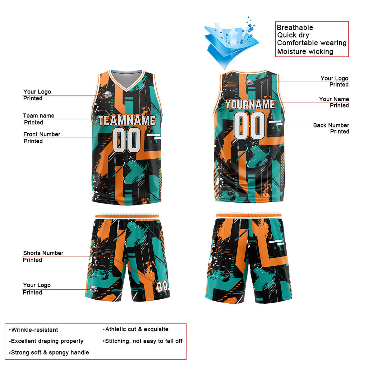 Uniforme de baloncesto personalizado Geometría Aqua Naranja con tu logotipo-nombre y número impresos