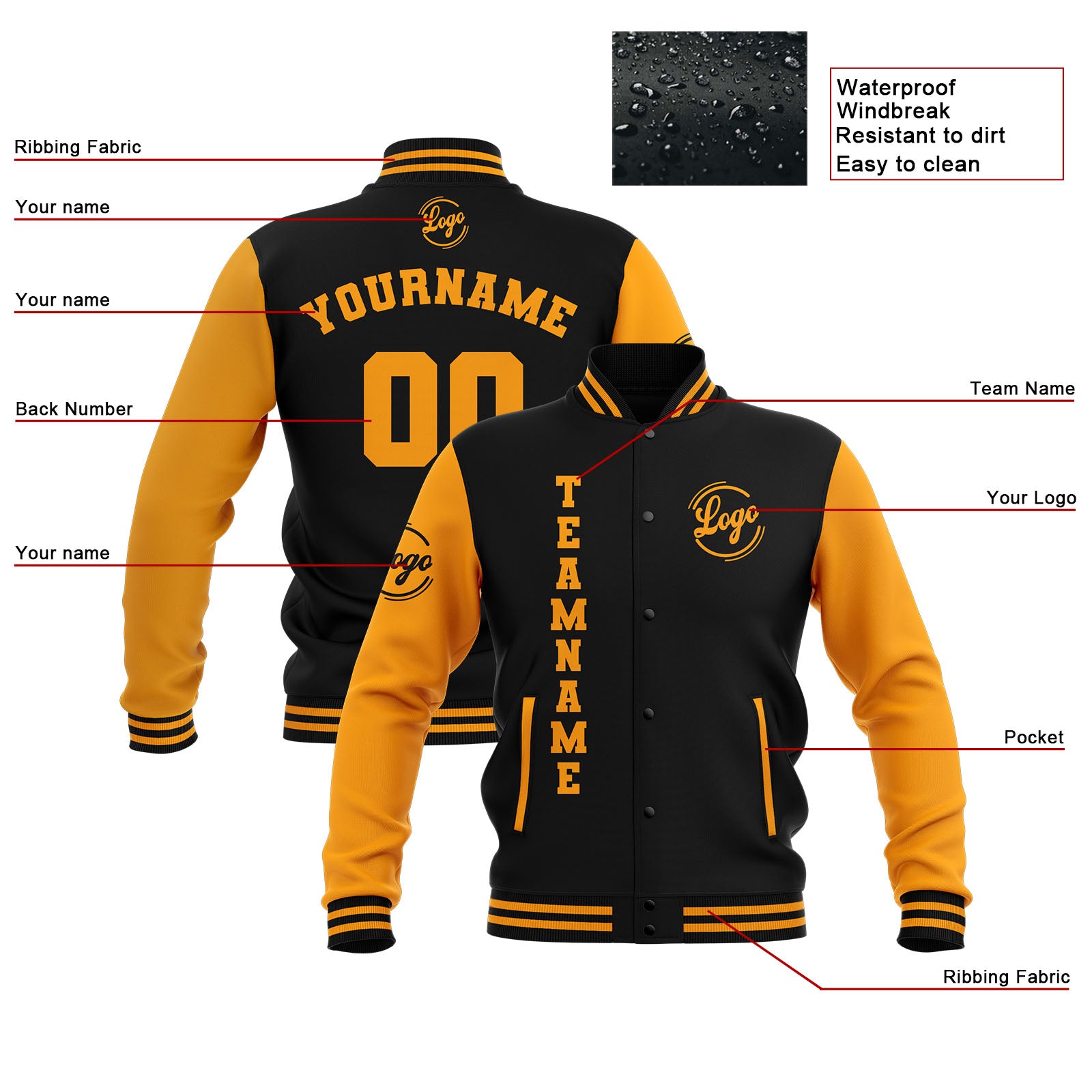 Chaquetas universitarias impermeables negras y amarillas personalizadas con nombre-número y logotipo bordados a medida