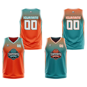 Traje de baloncesto reversible personalizado en naranja-cian y blanco para adultos y niños