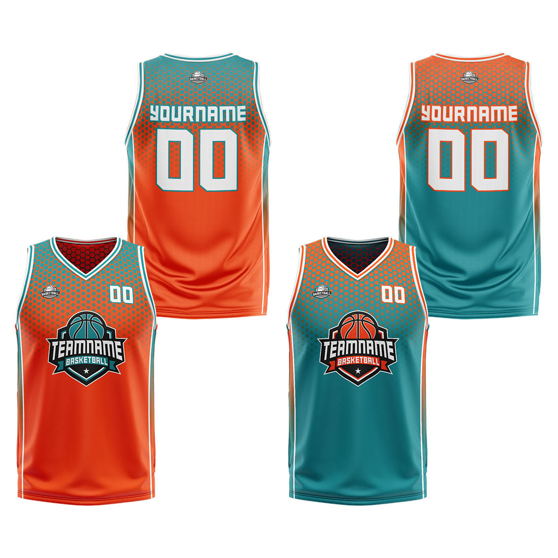Traje de baloncesto reversible personalizado en naranja-cian y blanco para adultos y niños