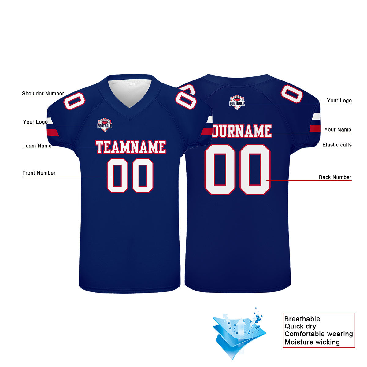 Camiseta de fútbol personalizada con nombre y número del equipo impresos-color azul marino