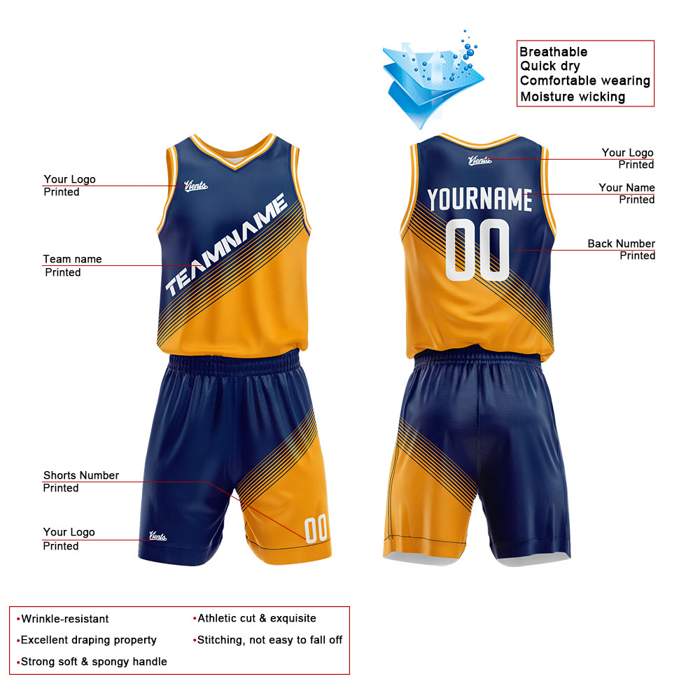 Uniforme de baloncesto personalizado azul marino y amarillo con tu logotipo-nombre y número impresos