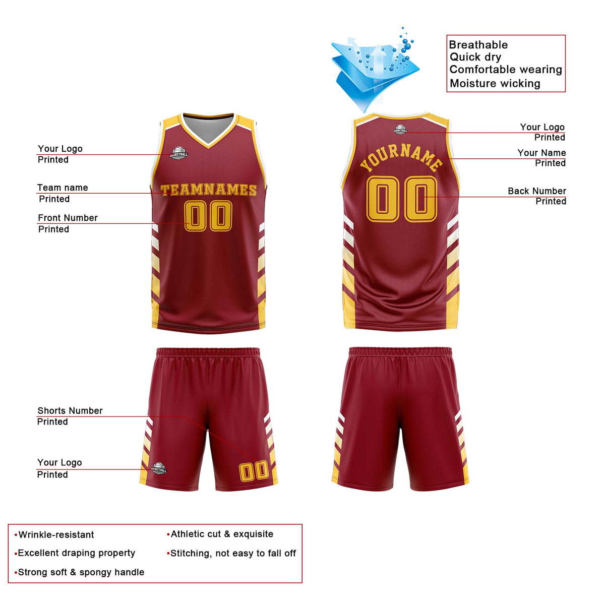 Traje de baloncesto reversible personalizado en burdeos-blanco y amarillo para adultos y niños