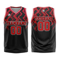 Uniforme de baloncesto personalizado en negro y rojo con tu logotipo-nombre y número impresos