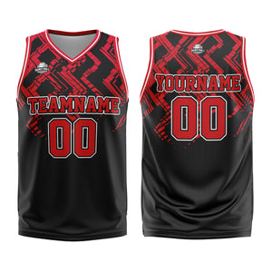 Uniforme de baloncesto personalizado en negro y rojo con tu logotipo-nombre y número impresos