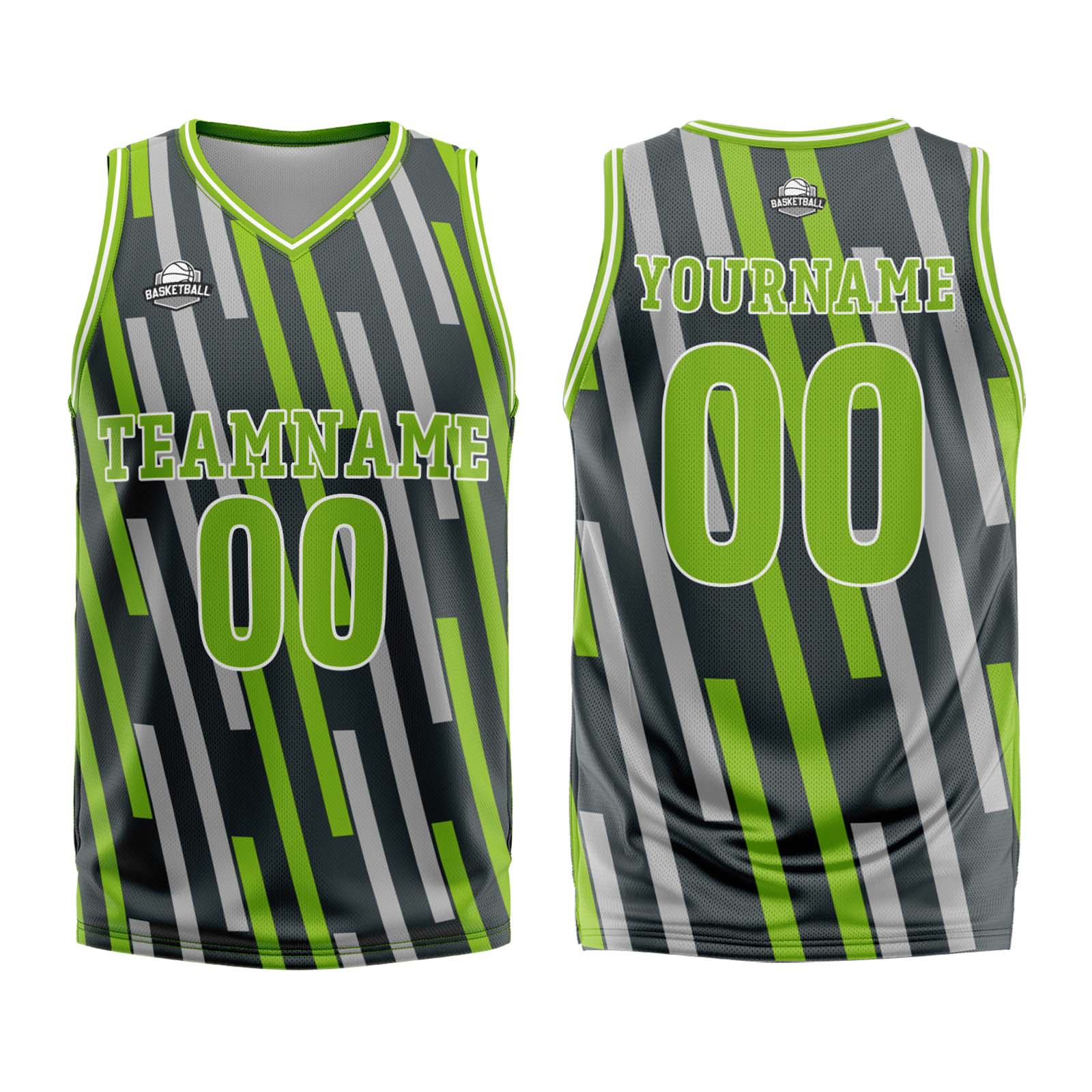 Camiseta de baloncesto personalizada con barra vertical verde gris-uniforme impreso con su logotipo-nombre y número