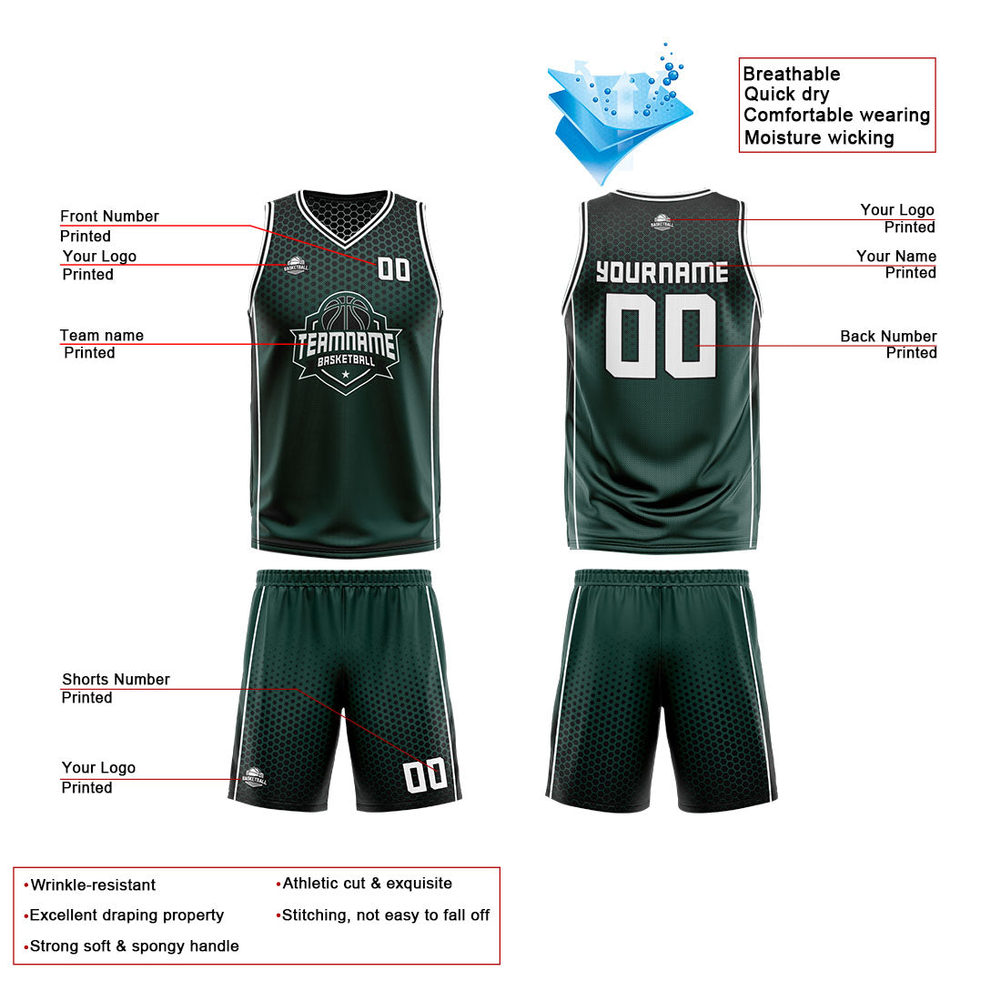 Traje de baloncesto reversible personalizado en verde oliva-blanco y negro para adultos y niños