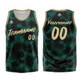 Uniforme de baloncesto personalizado con estampado de leopardo verde y logotipo impreso con tu nombre y número