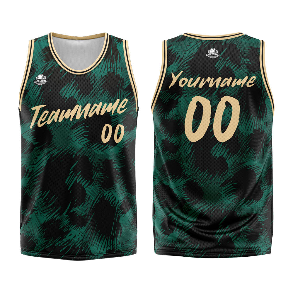 Uniforme de baloncesto personalizado con estampado de leopardo verde y logotipo impreso con tu nombre y número