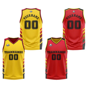 Traje de baloncesto reversible personalizado amarillo-rojo y negro para adultos y niños