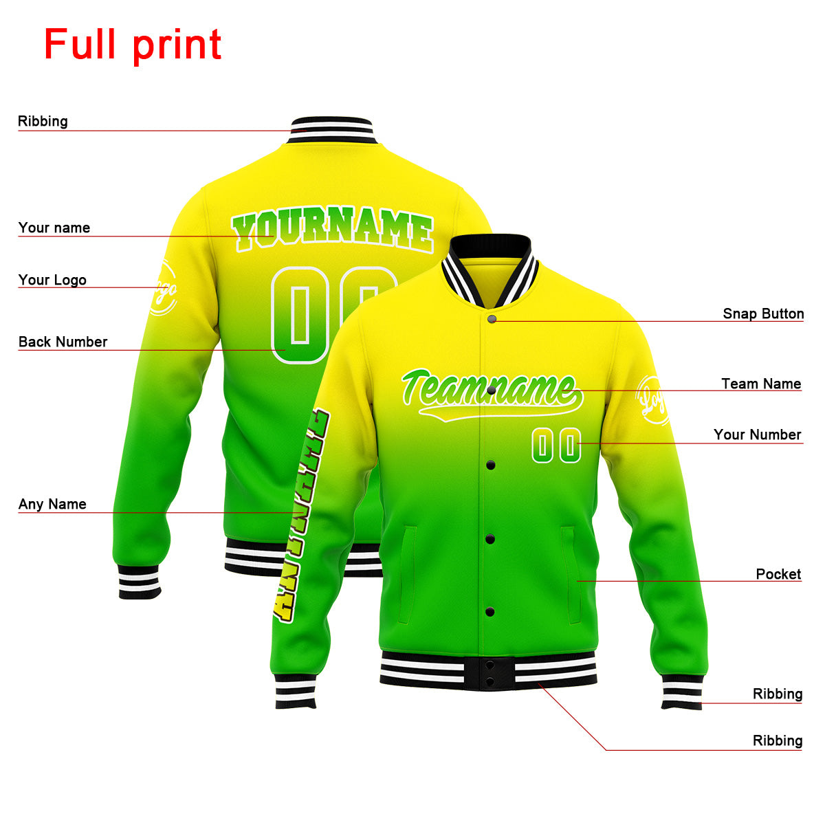 Chaqueta universitaria personalizada estilo Letterman para hombres-mujeres y jóvenes-color amarillo y verde