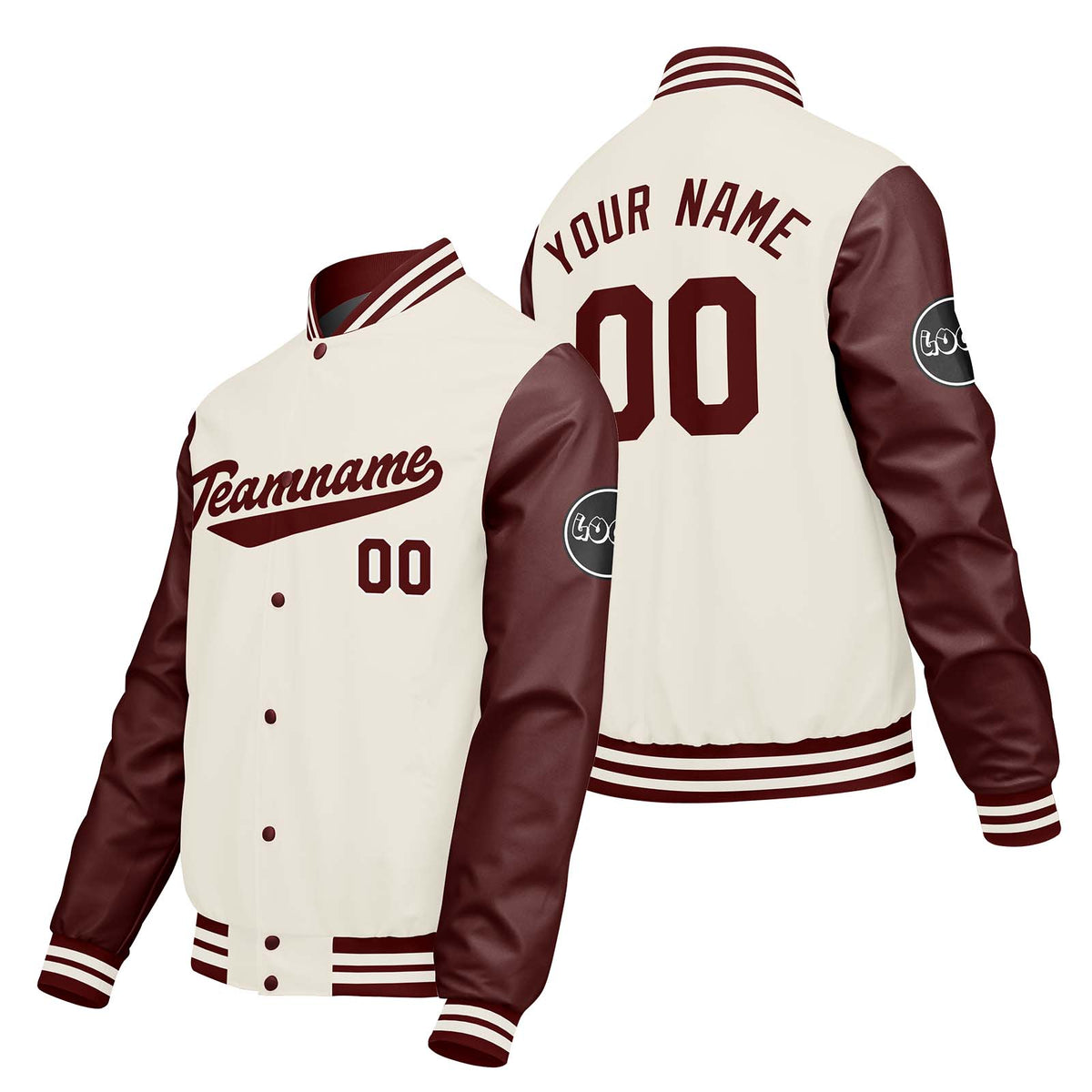 Chaquetas universitarias personalizadas en color crema & blanco y rojo para hombres & mujeres y jóvenes & Chaquetas tipo Letterman personalizadas