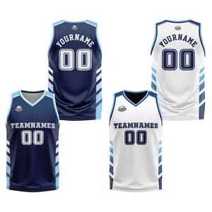 Traje de baloncesto reversible personalizado azul marino-blanco y azul claro para adultos y niños