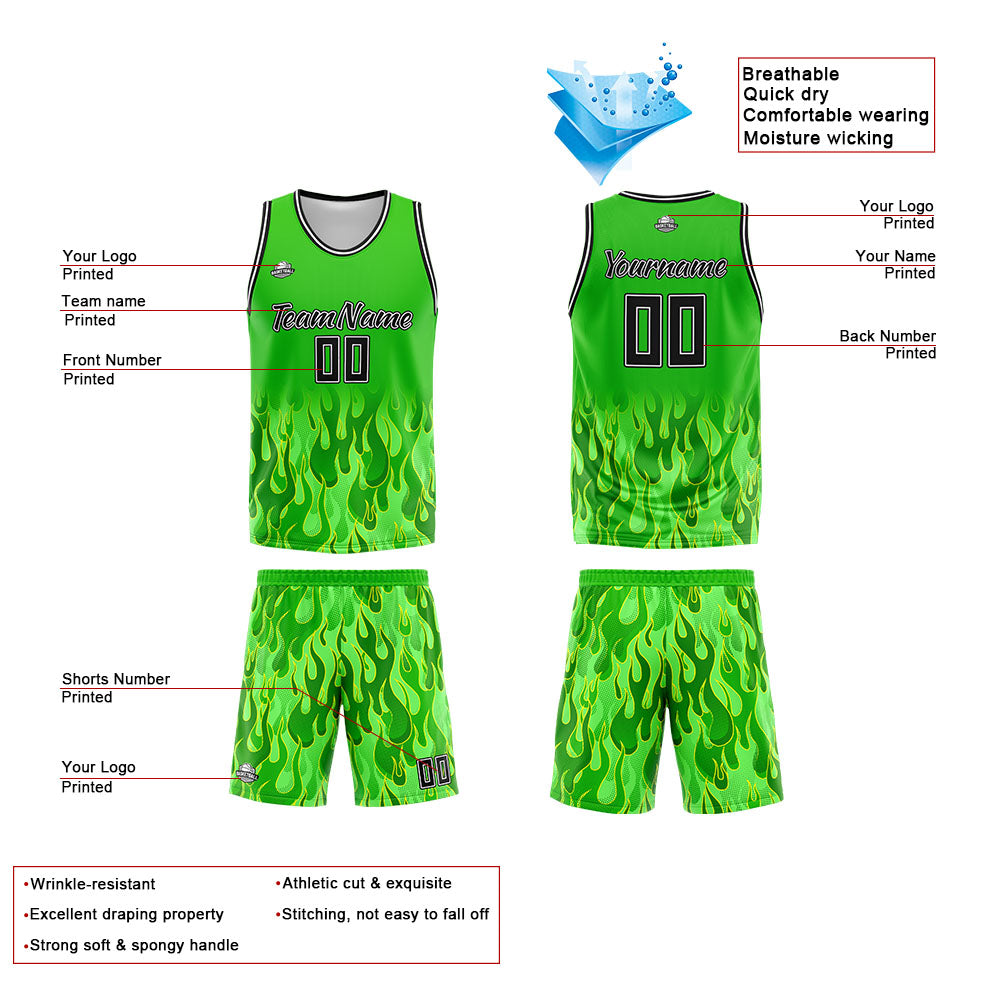 Uniforme de baloncesto personalizado con diseño de llama verde impreso con tu logotipo-nombre y número