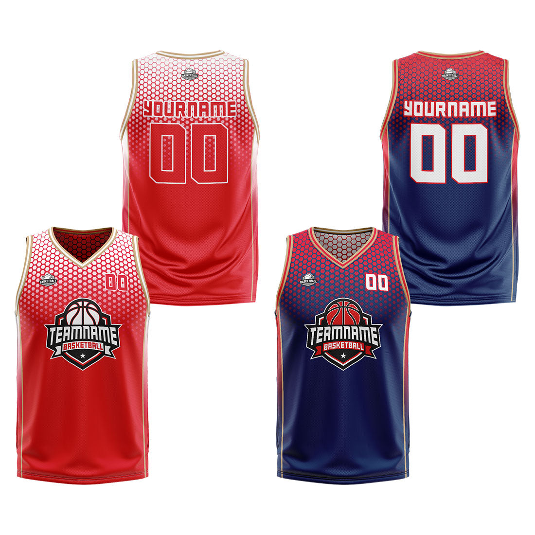 Traje de baloncesto reversible personalizado rojo-azul y dorado para adultos y niños