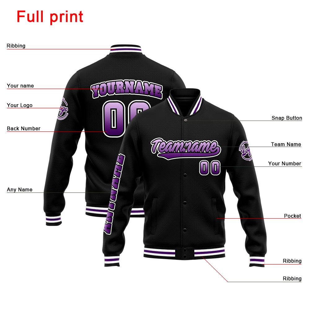 Chaqueta universitaria personalizada estilo Letterman para hombres-mujeres y jóvenes-color morado y negro