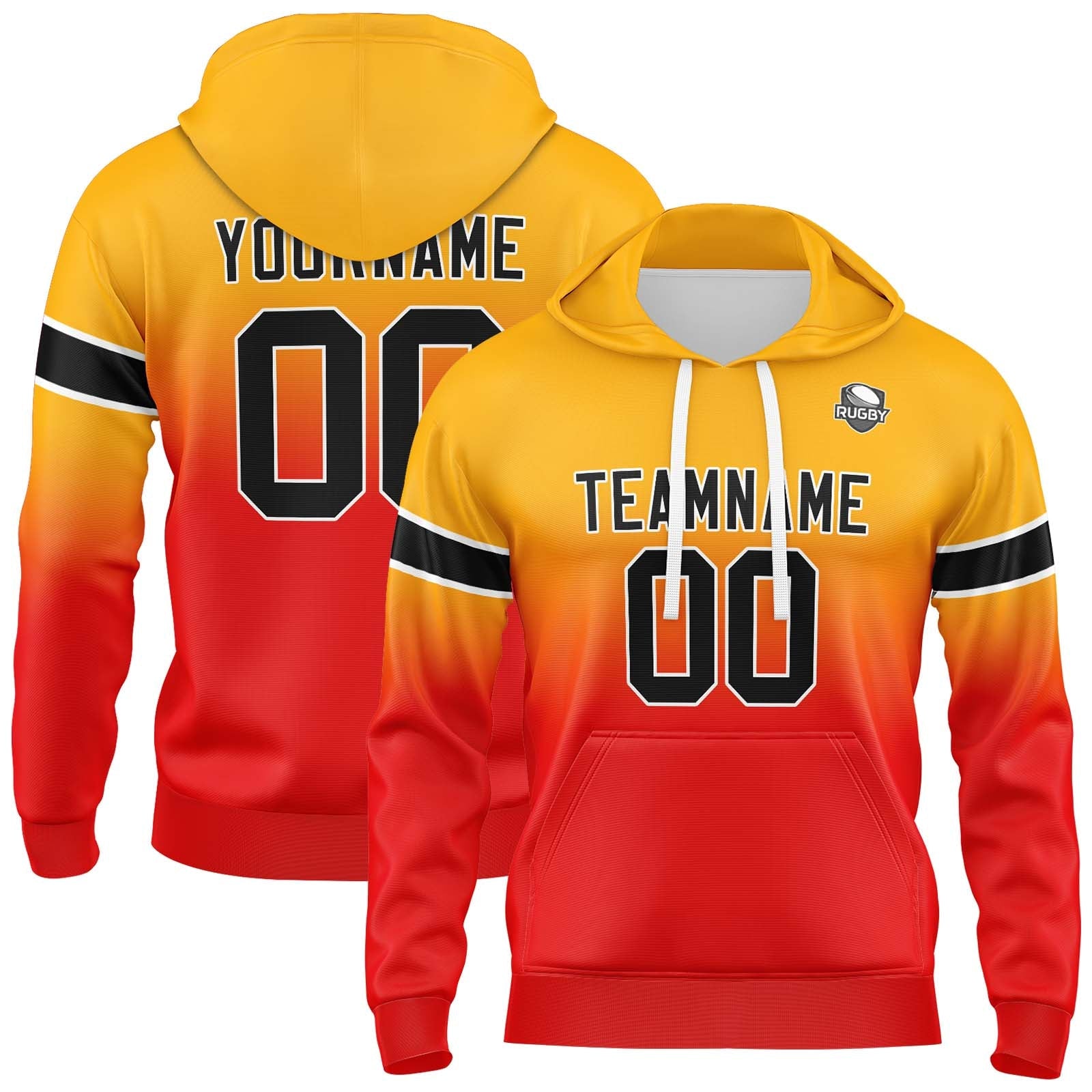 Sudadera con capucha personalizada con degradado para hombre-mujer-niña o niño Estampa tu logotipo-nombre y número en naranja y rojo