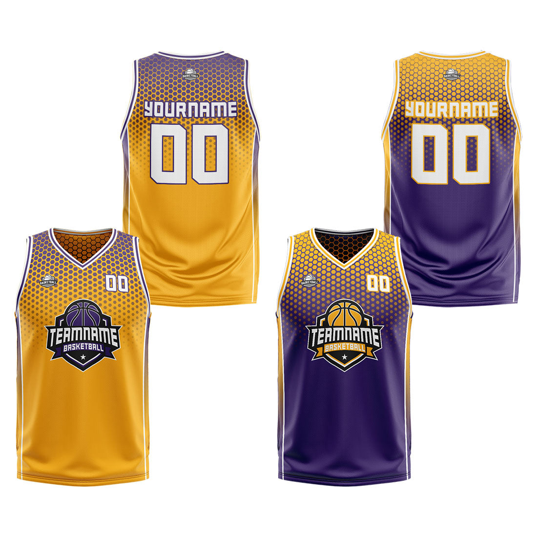 Traje de baloncesto reversible personalizado amarillo-morado y blanco para adultos y niños