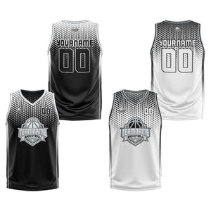 Traje de baloncesto reversible personalizado en negro-blanco y gris para adultos y niños
