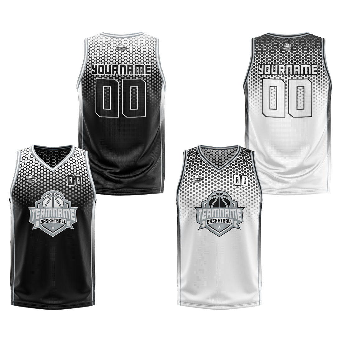 Traje de baloncesto reversible personalizado en negro-blanco y gris para adultos y niños