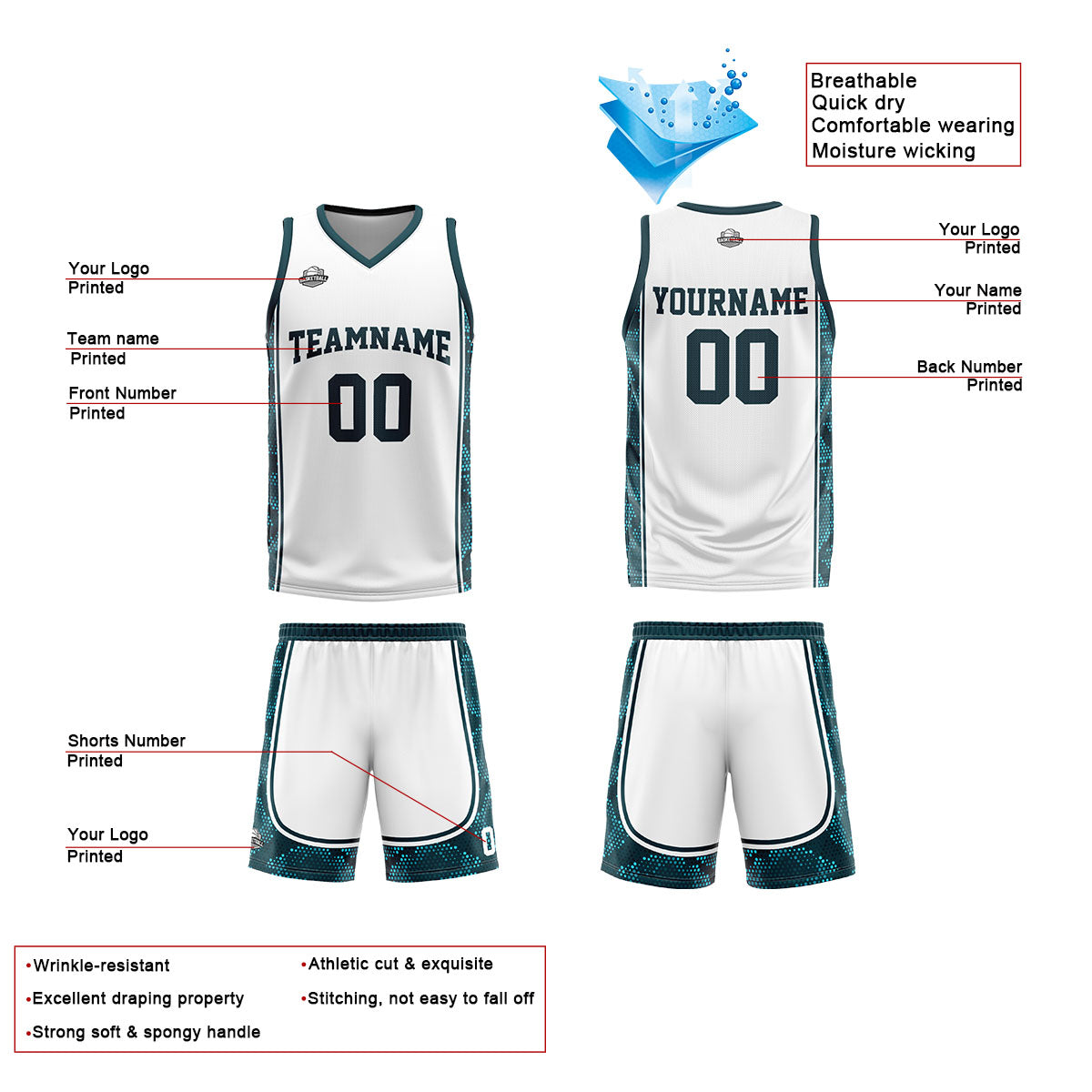 Uniforme de baloncesto personalizado blanco y verde oscuro con tu logotipo-nombre y número impresos