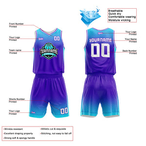 Uniforme de baloncesto personalizado en color morado claro y azul claro con tu logotipo-nombre y número impresos