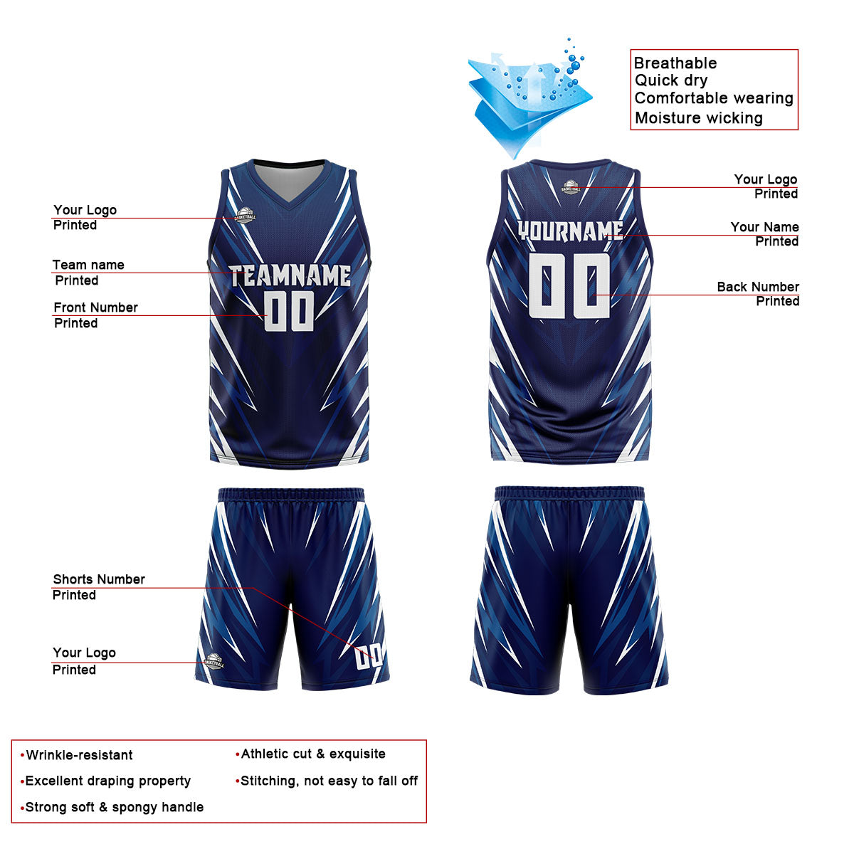 Uniforme de baloncesto triangular azul oscuro personalizado con su logotipo-nombre y número impresos