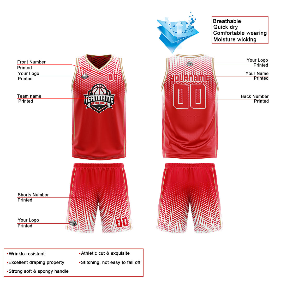 Traje de baloncesto reversible personalizado rojo-azul y dorado para adultos y niños