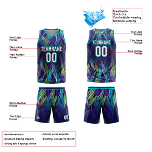 Uniforme de baloncesto personalizado morado y azul claro con su logotipo-nombre y número impresos
