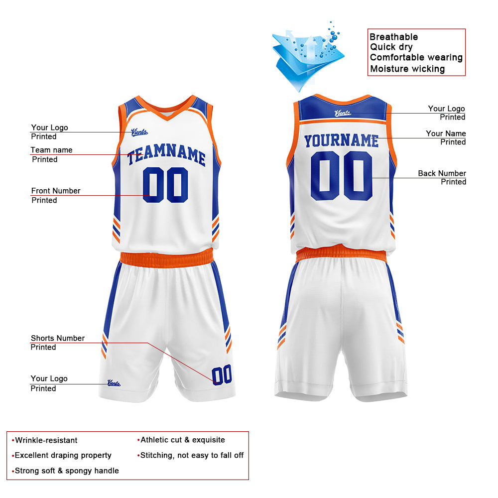 Uniforme de baloncesto personalizado en blanco y naranja real con tu logotipo-nombre y número impresos