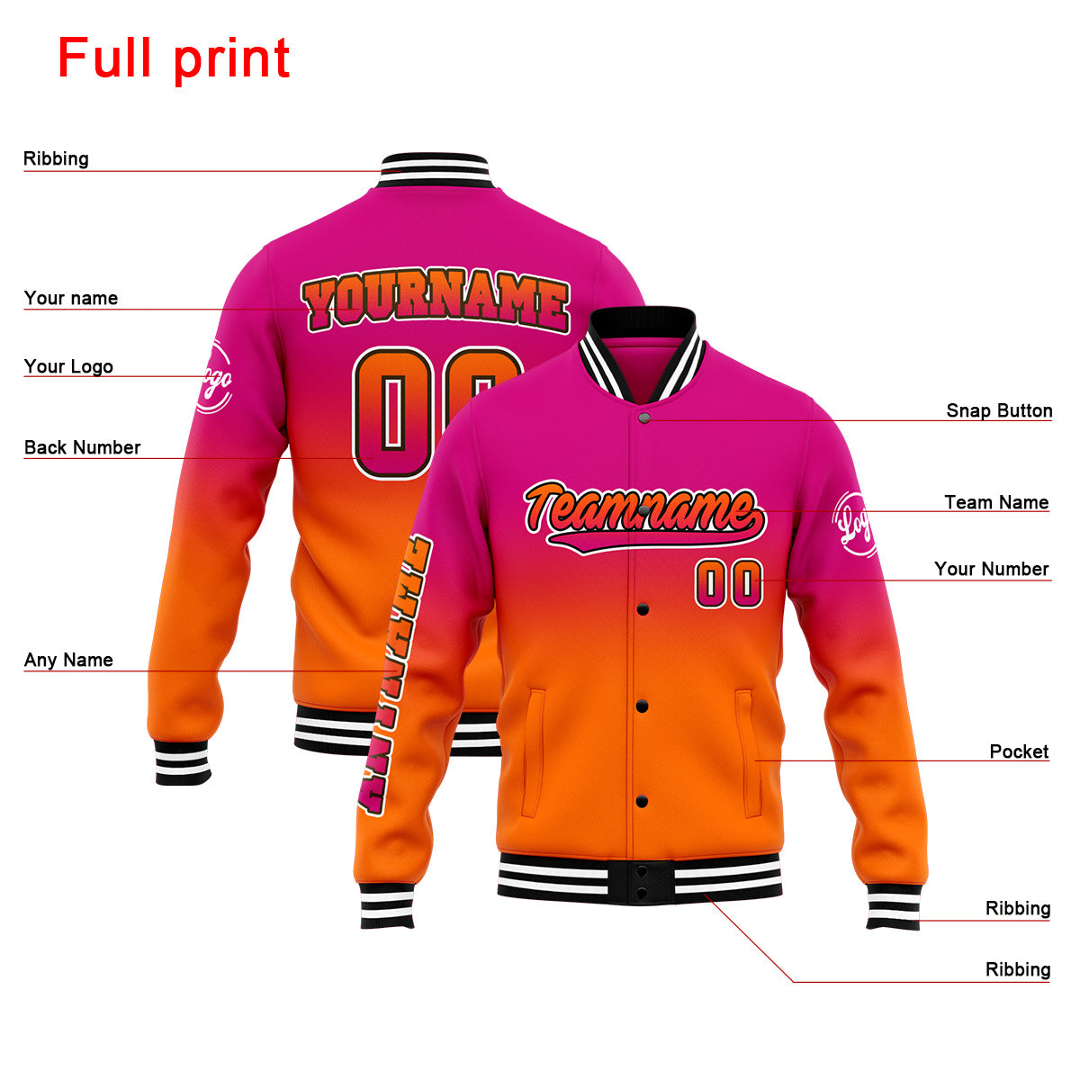 Chaqueta universitaria personalizada estilo Letterman para hombres-mujeres y jóvenes-color rosa y naranja