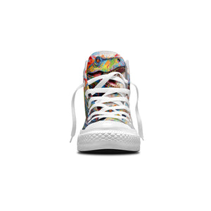 Caleidoscopio Jurásico: Zapatillas de lona de media caña para hombre y mujer -Recorre la jungla de la moda con arte inspirado en dinosaurios-una fusión de diseños coloridos y un estilo Dots divertido