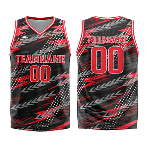 Uniforme de baloncesto personalizado en negro y rojo con tu logotipo-nombre y número impresos