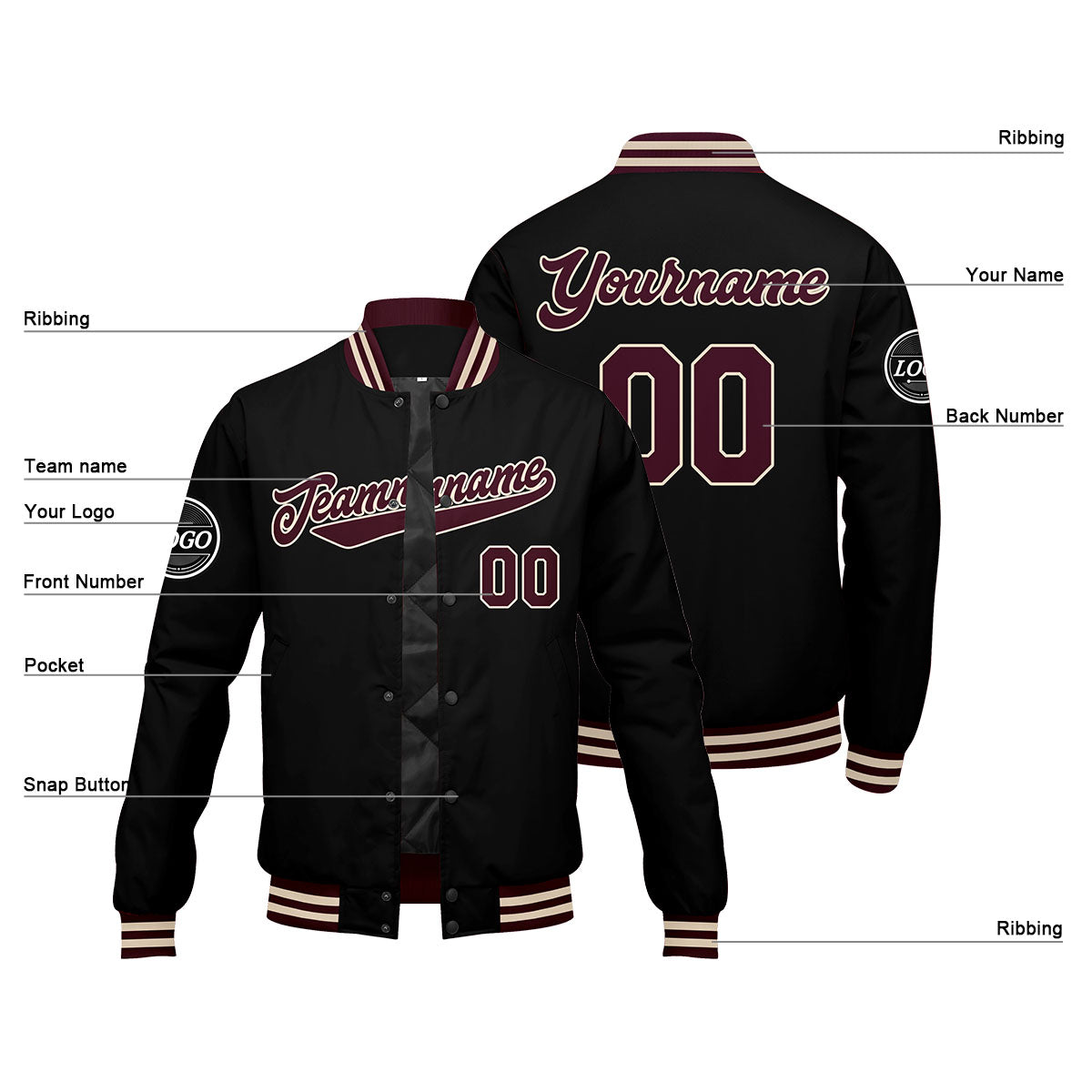 Chaqueta universitaria personalizada estilo Letterman para hombres-mujeres y jóvenes-color granate y negro