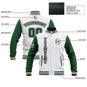 Chaquetas universitarias impermeables personalizadas en blanco-verde y marrón con nombre-número y logotipo bordados