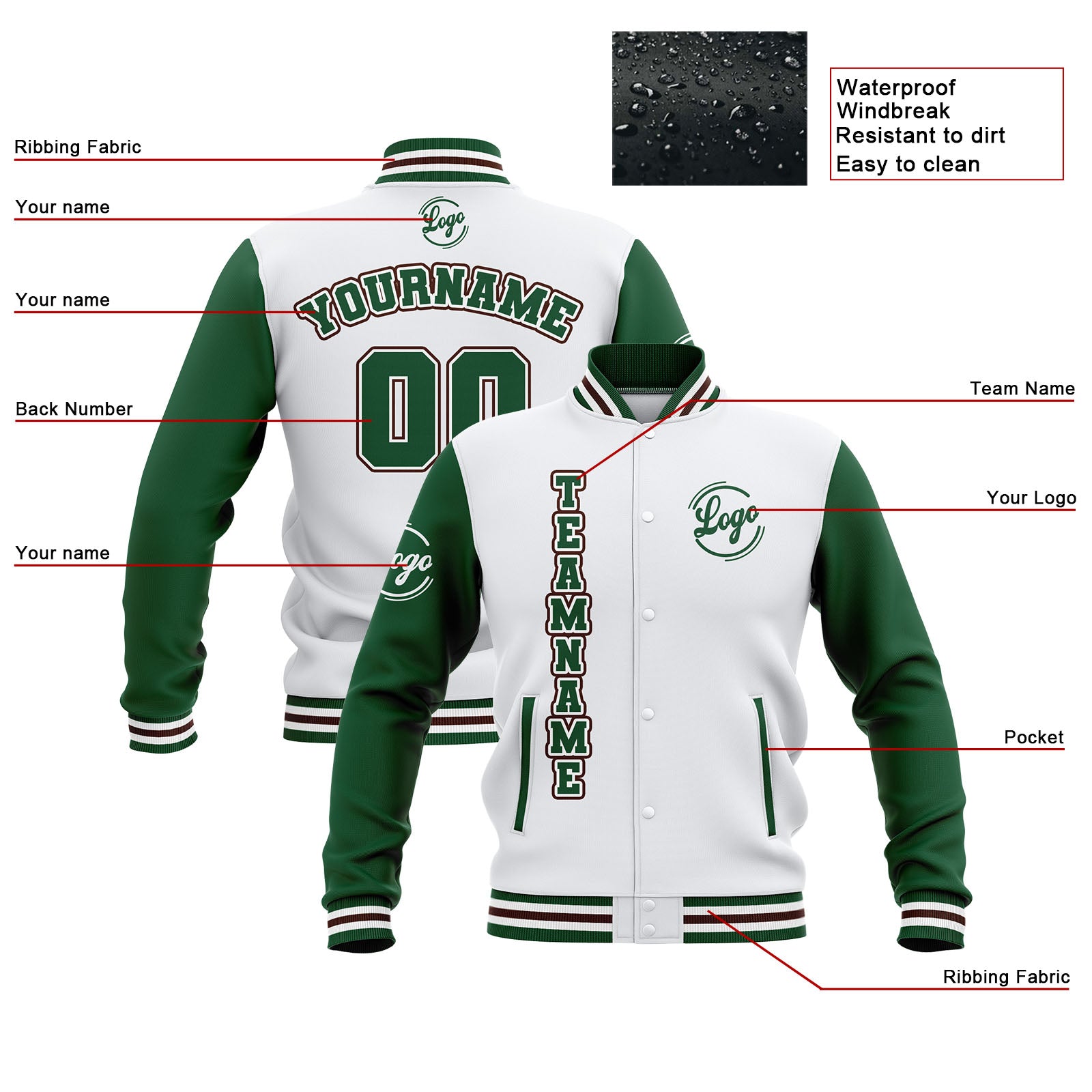 Chaquetas universitarias impermeables personalizadas en blanco-verde y marrón con nombre-número y logotipo bordados
