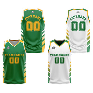 Traje de baloncesto reversible personalizado verde-blanco y amarillo para adultos y niños