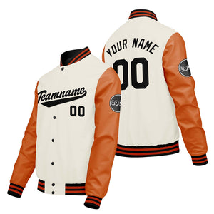 Chaquetas universitarias personalizadas color crema & blanco y naranja para hombres & mujeres y jóvenes & Chaquetas Letterman personalizadas