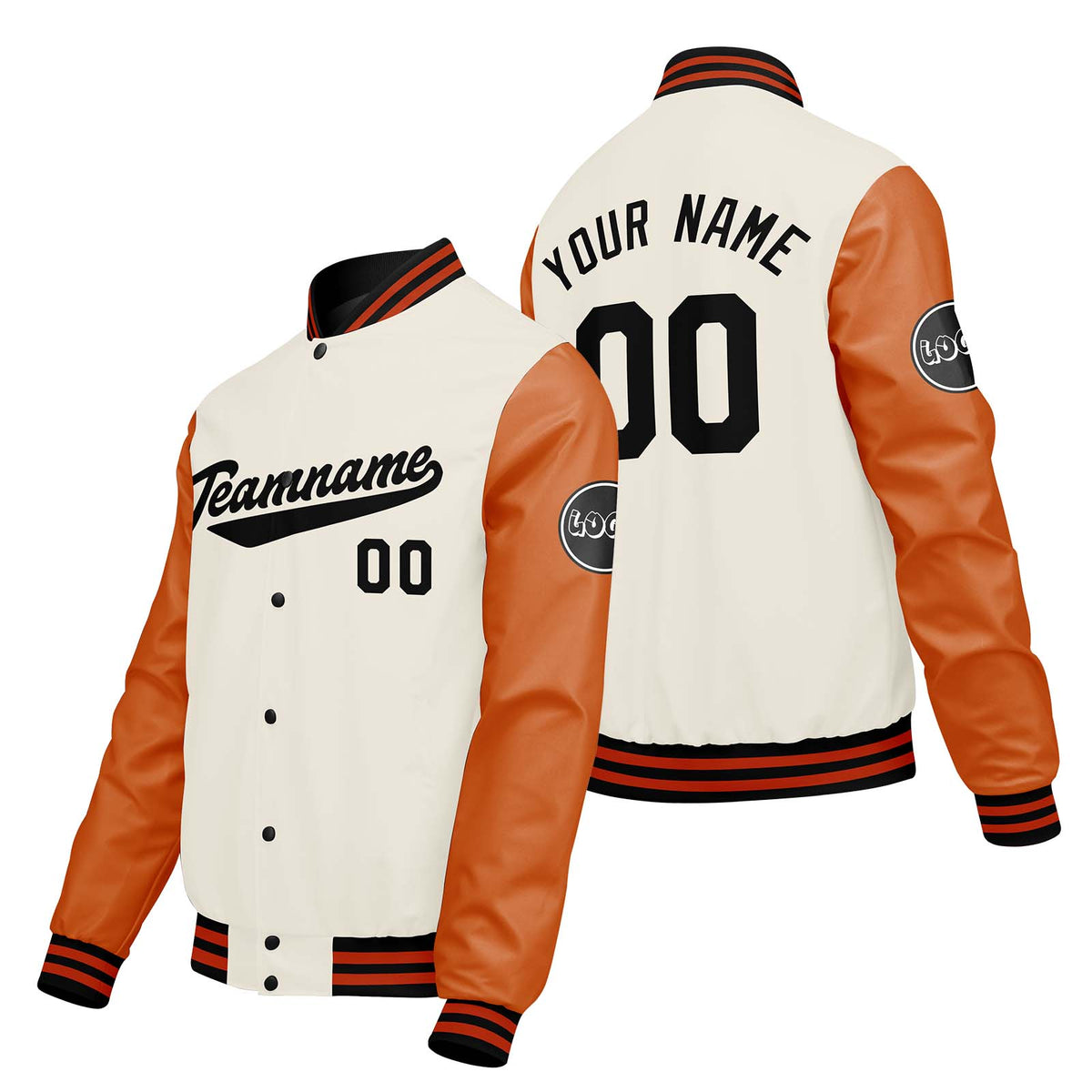 Chaquetas universitarias personalizadas color crema & blanco y naranja para hombres & mujeres y jóvenes & Chaquetas Letterman personalizadas