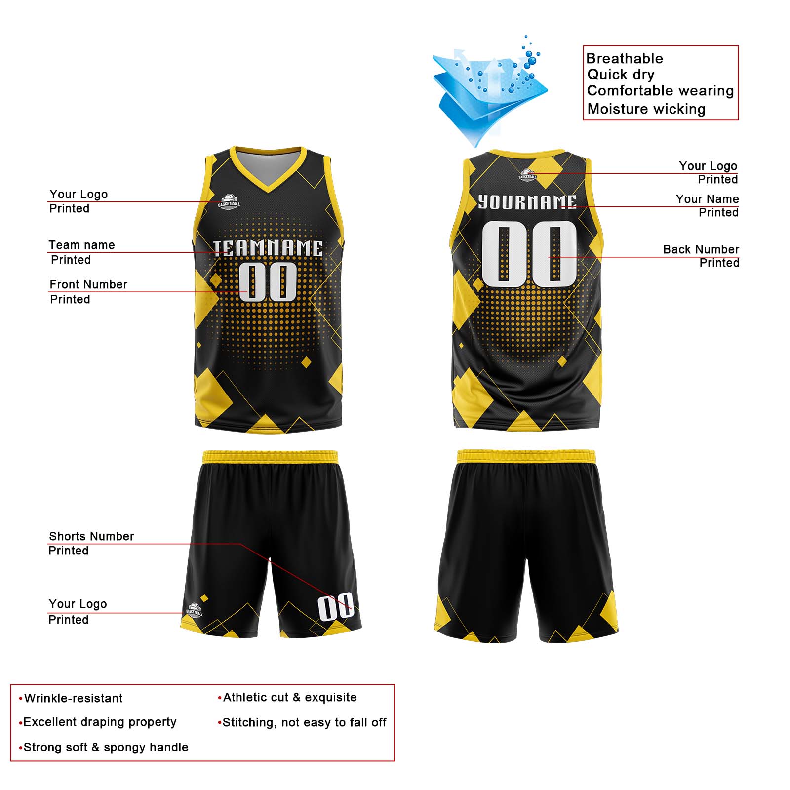 Uniforme de baloncesto amarillo con diseño geométrico personalizado-estampado con tu logotipo-nombre y número
