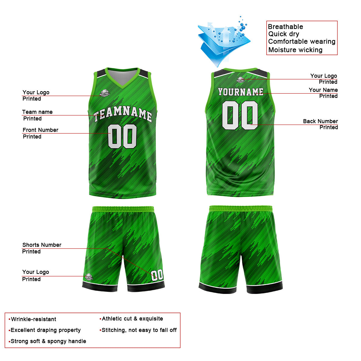 Uniforme de baloncesto verde tipo rayas personalizado con su logotipo-nombre y número impresos